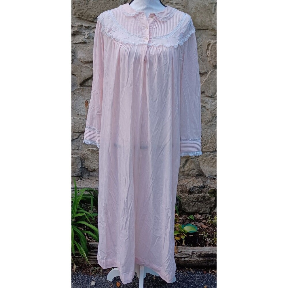 Barbizon Womens Size M Pink Semi Sheer Lace VTG Long Sleeve Nightgown